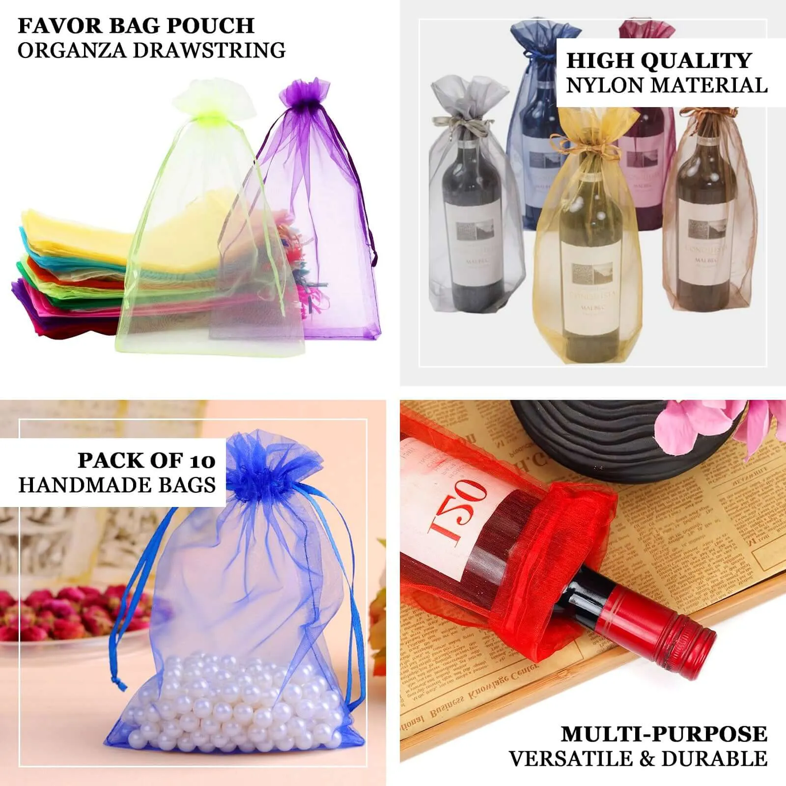 10 Pack 6"x15" Silver Organza Drawstring Party Favor Wine Gift Bags