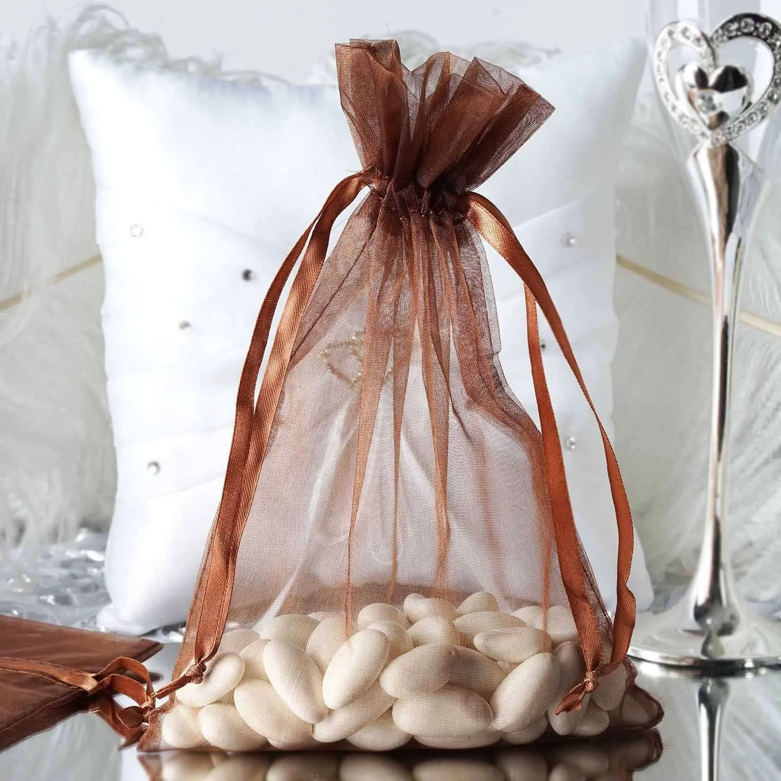 10 Pack Chocolate Organza Drawstring Wedding Party Favor Bags 6"x9"