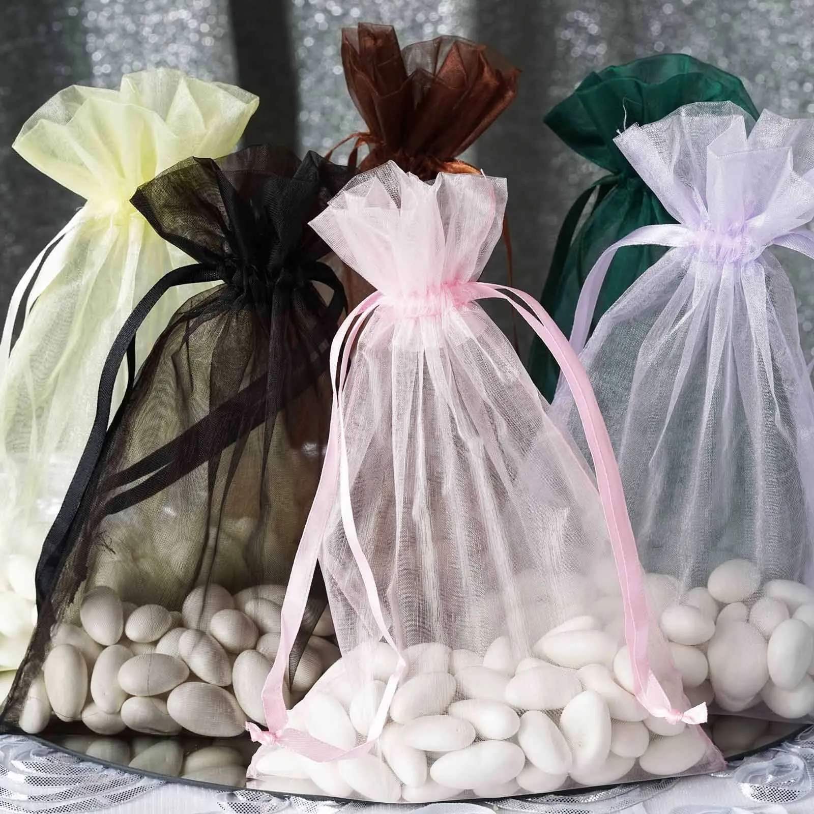 10 Pack Chocolate Organza Drawstring Wedding Party Favor Bags 6"x9"