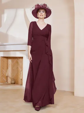 3/4-Length Sleeves V-neck Pleated Long Dress Cabernet