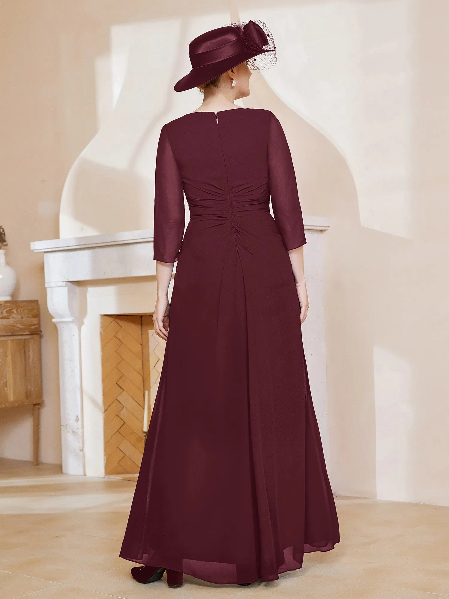 3/4-Length Sleeves V-neck Pleated Long Dress Cabernet