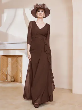 3/4-Length Sleeves V-neck Pleated Long Dress Chocolate