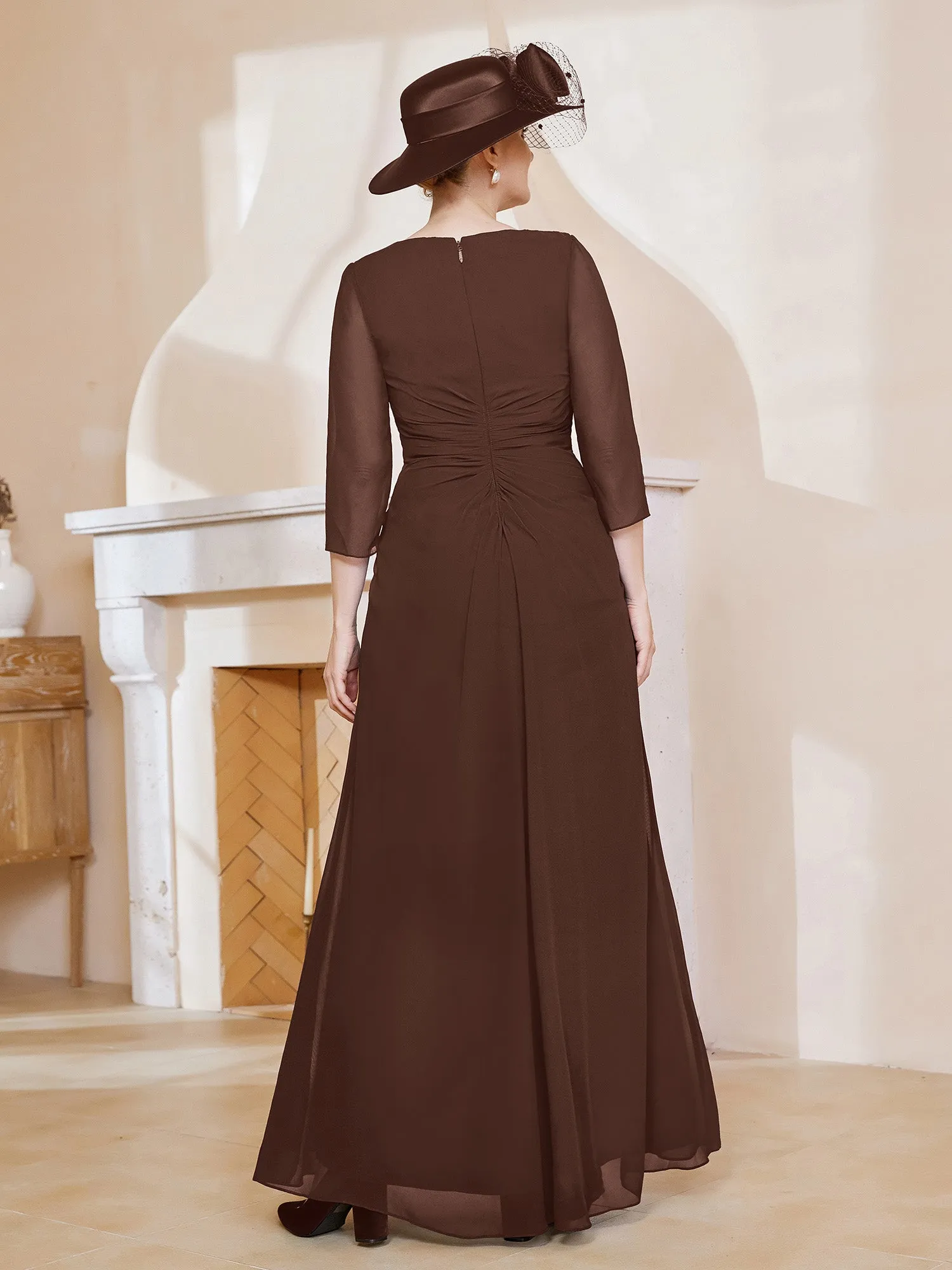 3/4-Length Sleeves V-neck Pleated Long Dress Chocolate