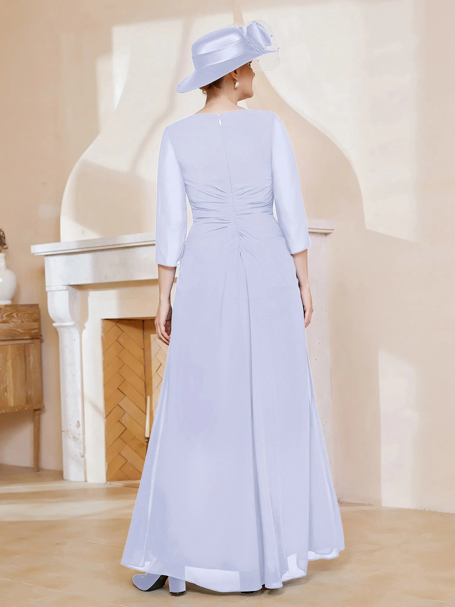 3/4-Length Sleeves V-neck Pleated Long Dress Lavender