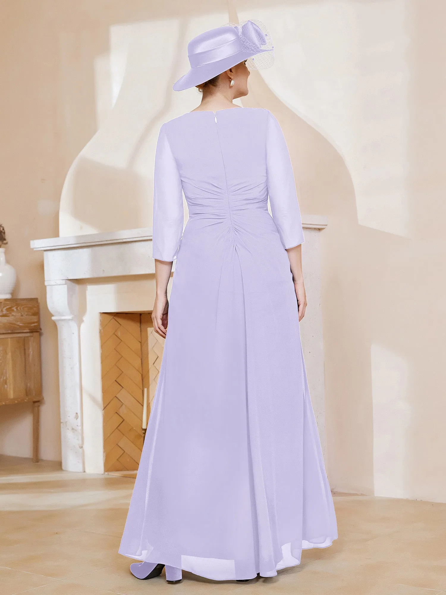 3/4-Length Sleeves V-neck Pleated Long Dress Lilac