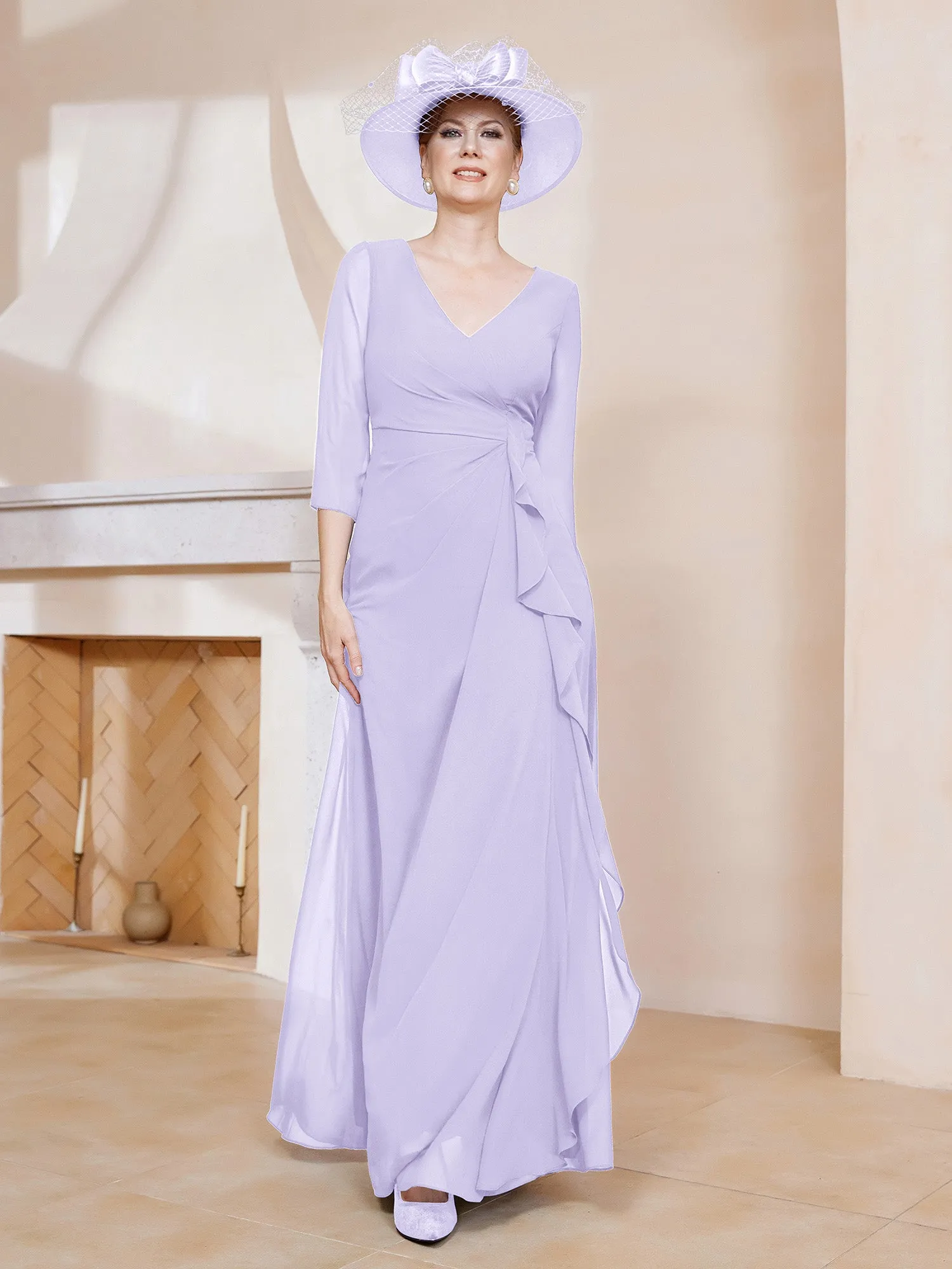 3/4-Length Sleeves V-neck Pleated Long Dress Lilac