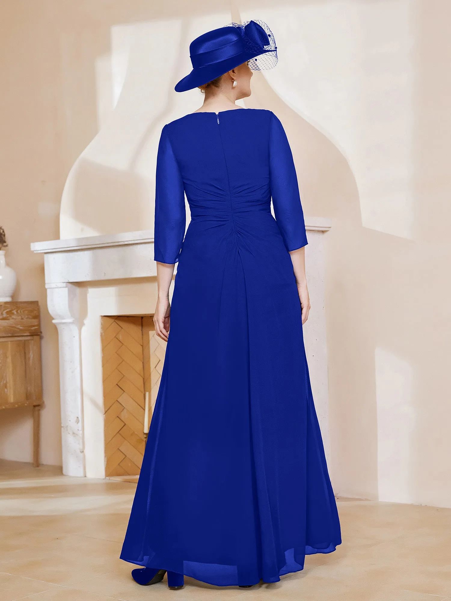 3/4-Length Sleeves V-neck Pleated Long Dress Royal Blue