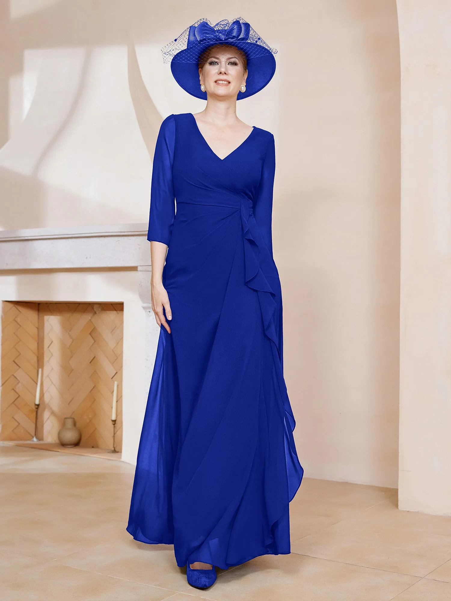 3/4-Length Sleeves V-neck Pleated Long Dress Royal Blue