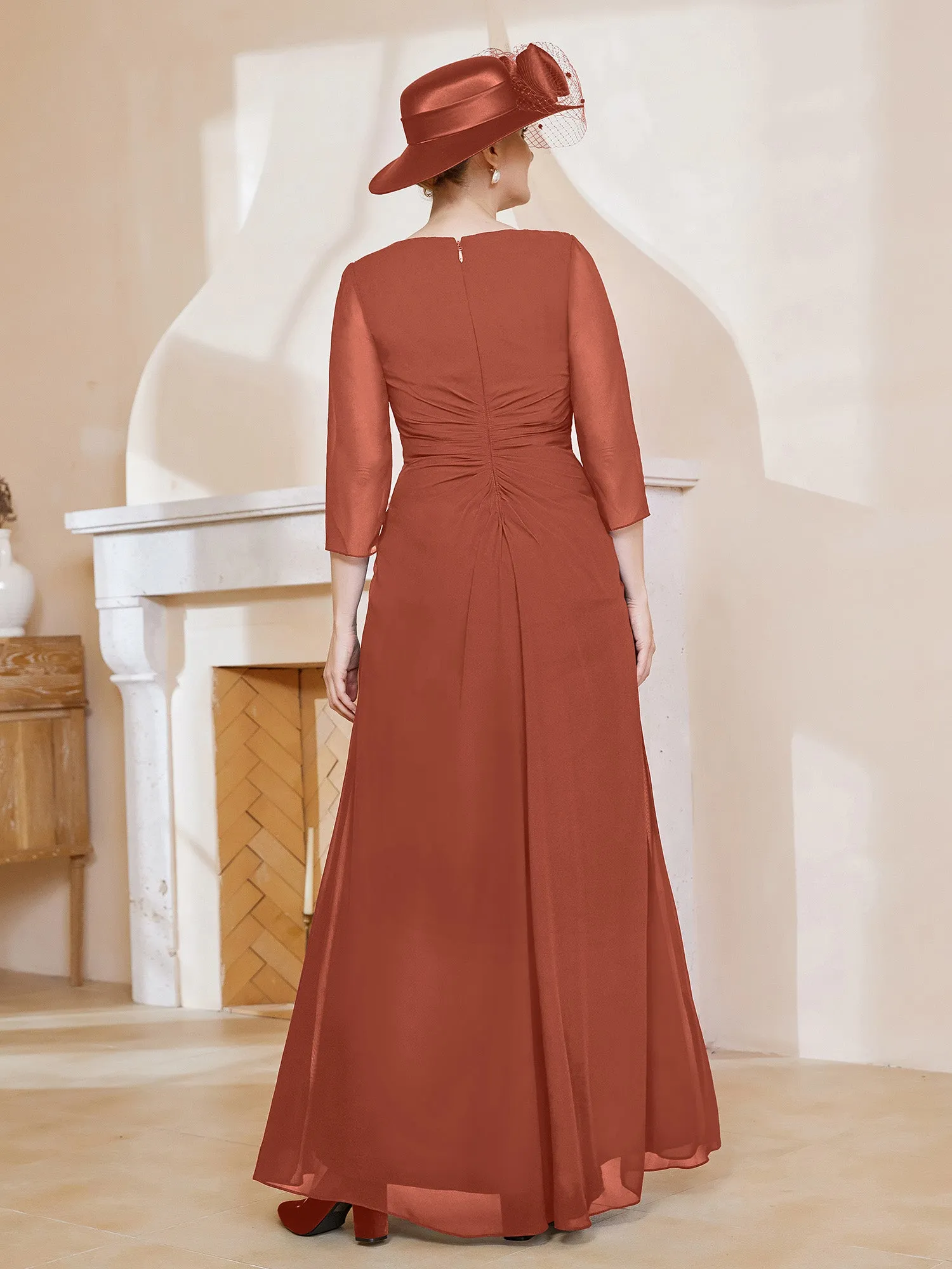 3/4-Length Sleeves V-neck Pleated Long Dress Rust