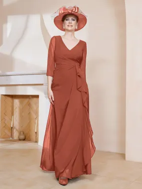 3/4-Length Sleeves V-neck Pleated Long Dress Rust