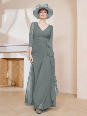 3/4-Length Sleeves V-neck Pleated Long Dress Steel Grey