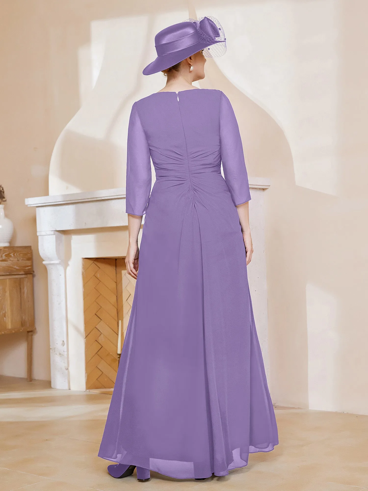 3/4-Length Sleeves V-neck Pleated Long Dress Tahiti