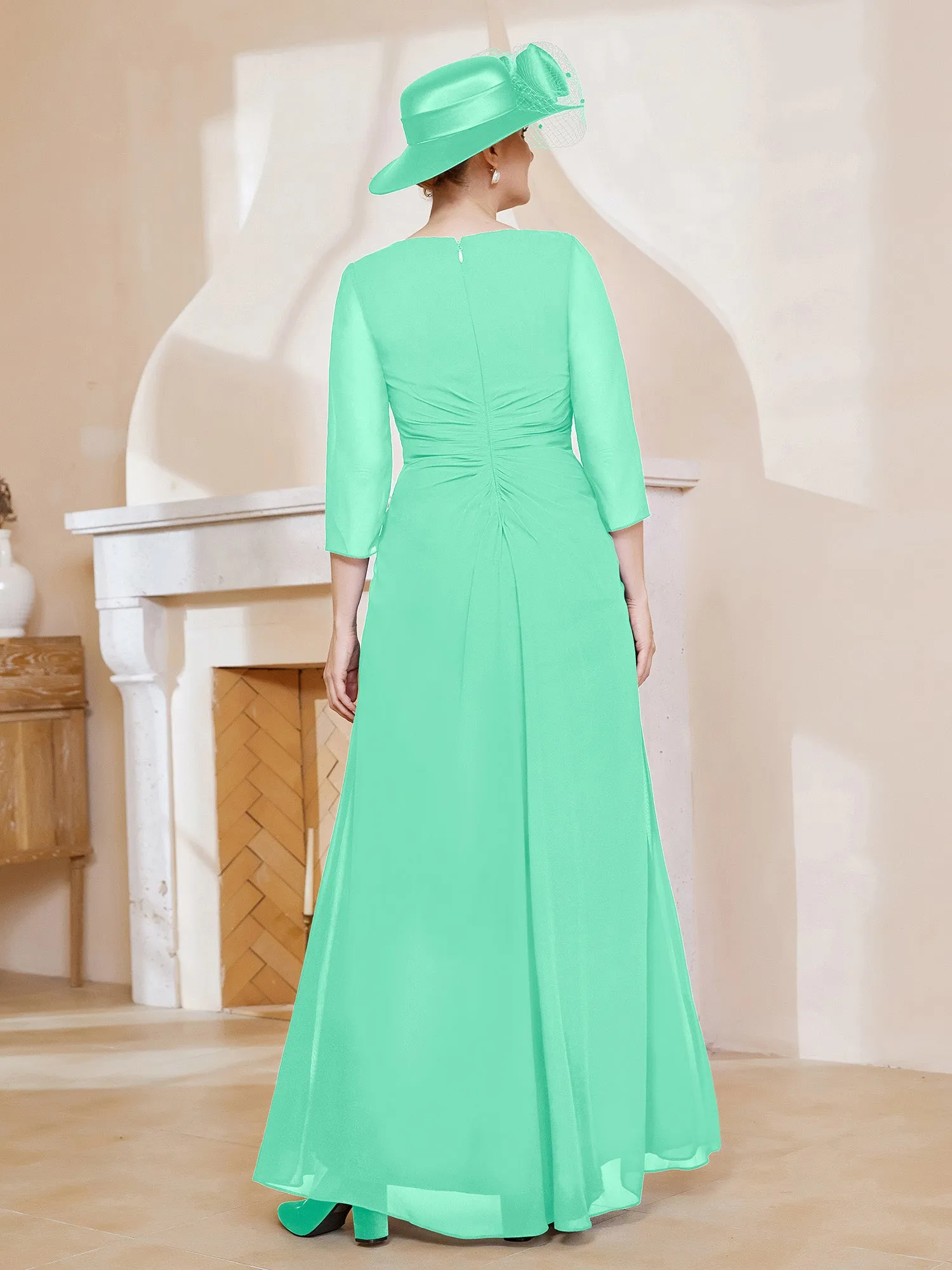 3/4-Length Sleeves V-neck Pleated Long Dress Turquoise