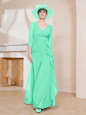 3/4-Length Sleeves V-neck Pleated Long Dress Turquoise