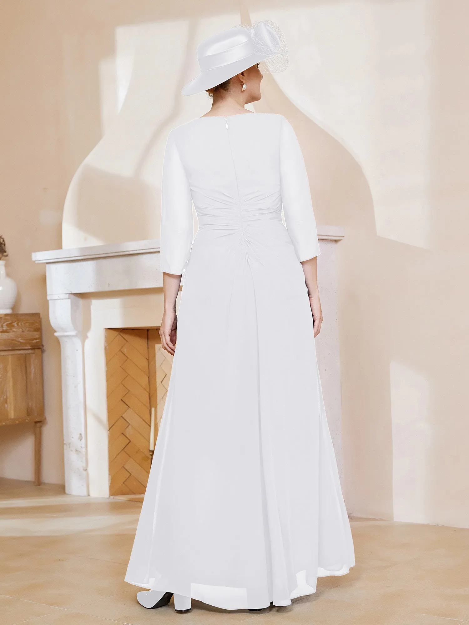 3/4-Length Sleeves V-neck Pleated Long Dress White