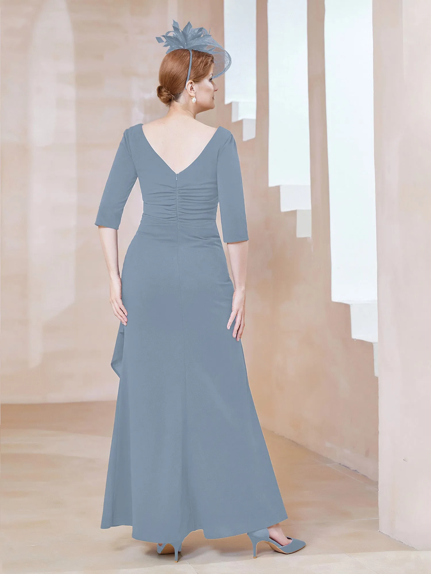 A-line Floor-Length Chiffon Pleated Dress Dusty Blue Plus Size