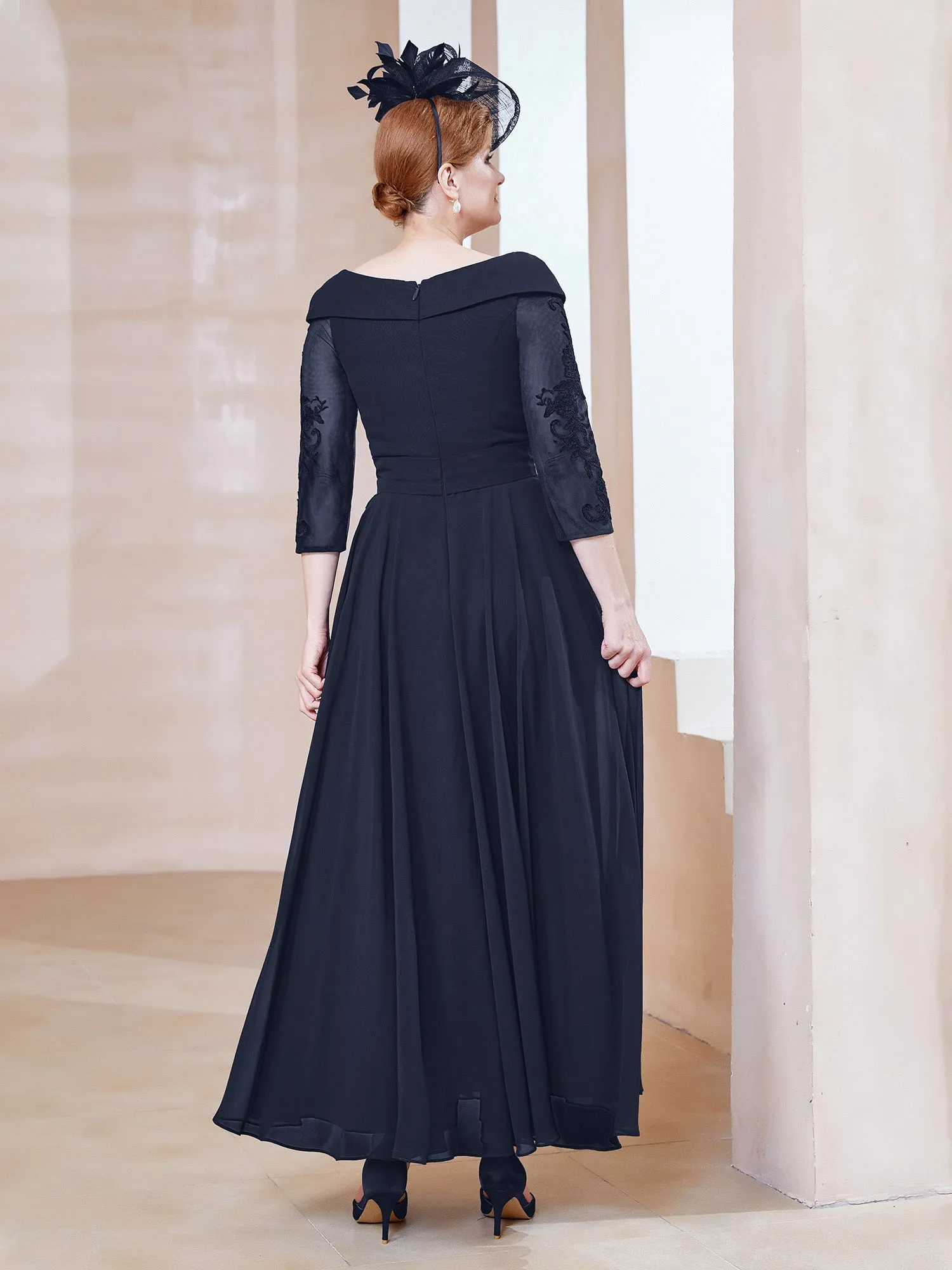 A-line V-neck Appliqued Chiffon Dress Dark Navy