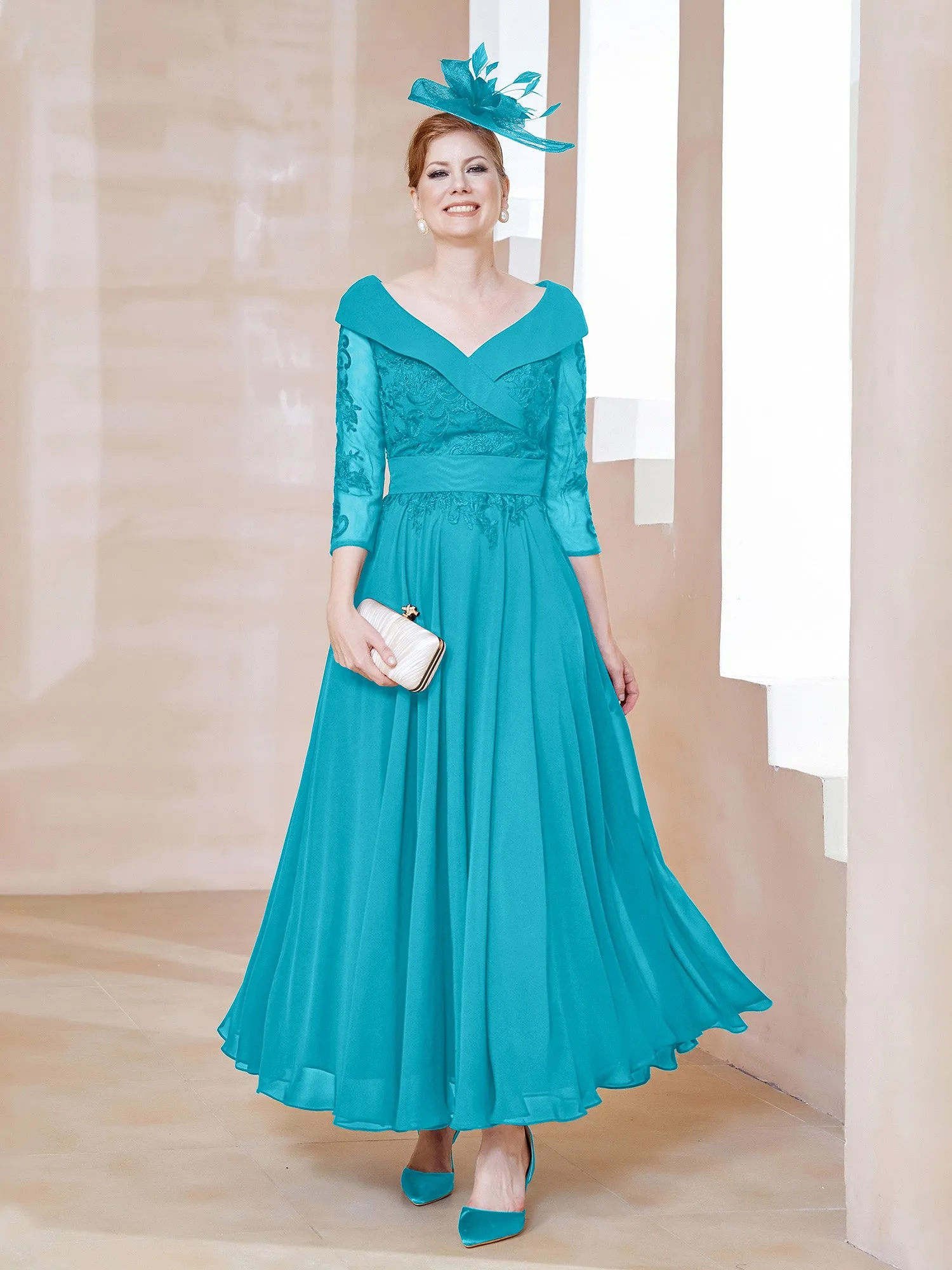 A-line V-neck Appliqued Chiffon Dress Jade