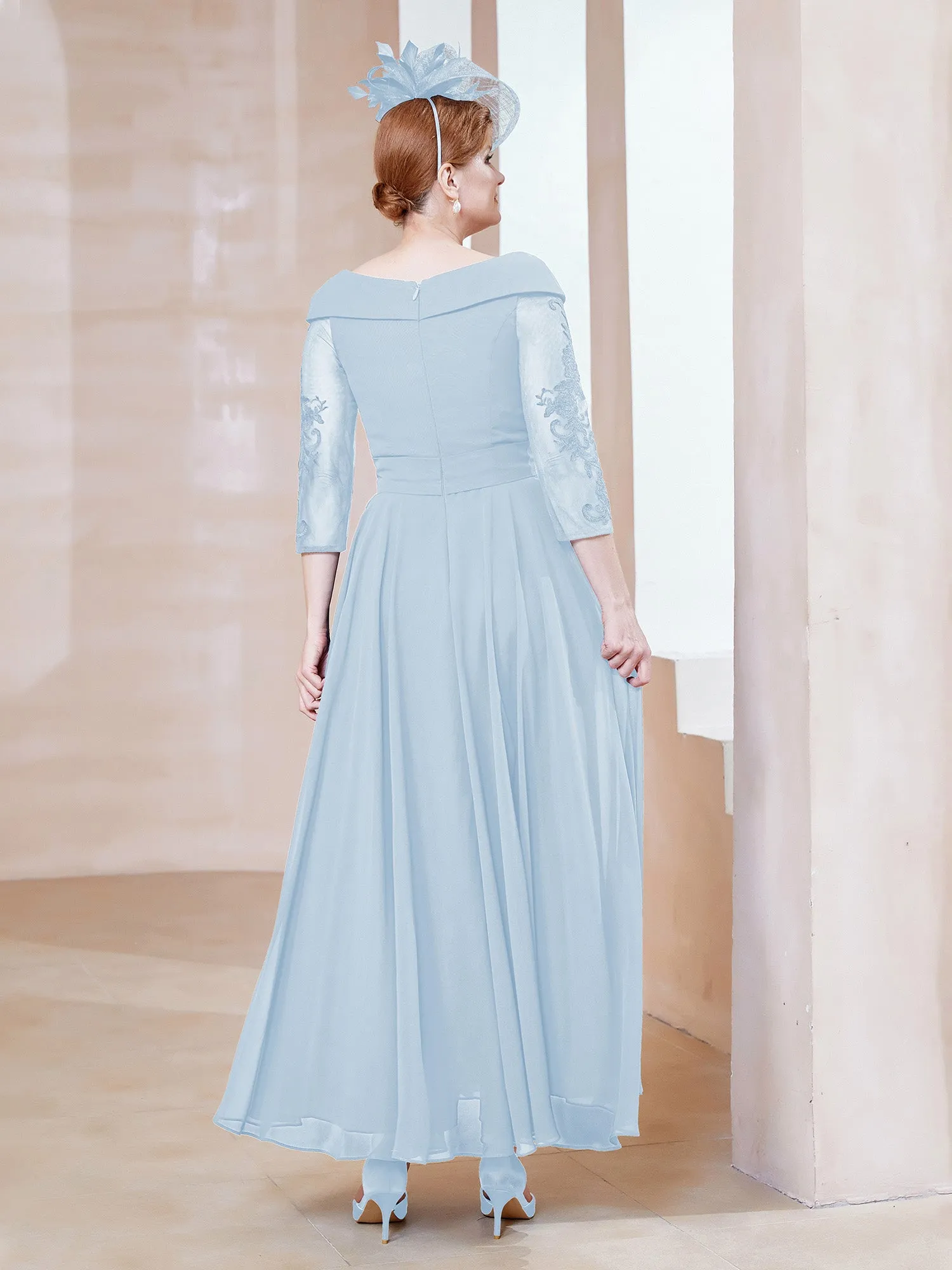 A-line V-neck Appliqued Chiffon Dress Sky Blue