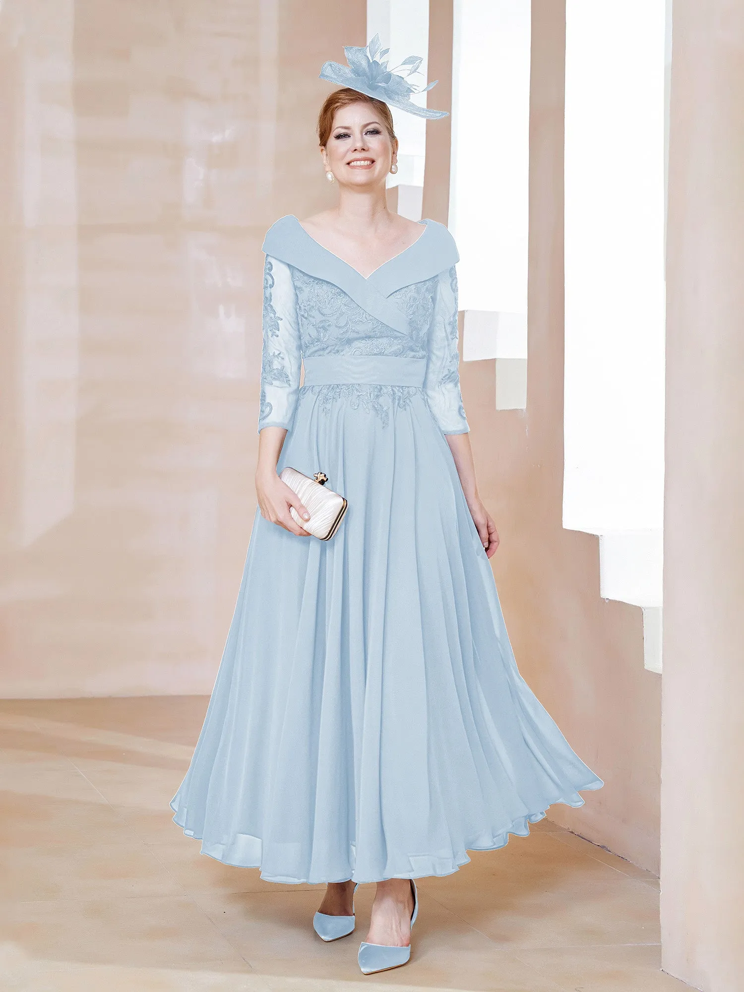 A-line V-neck Appliqued Chiffon Dress Sky Blue