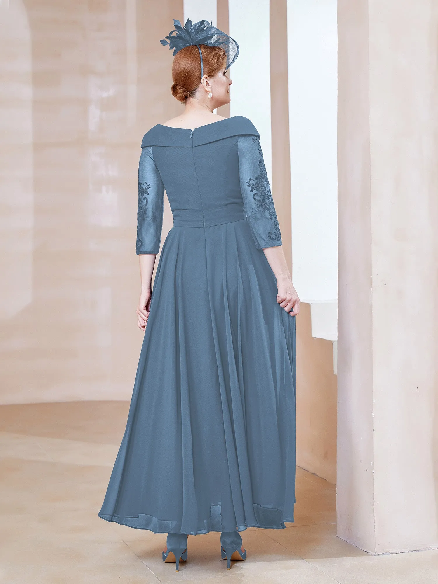 A-line V-neck Appliqued Chiffon Dress Slate Blue