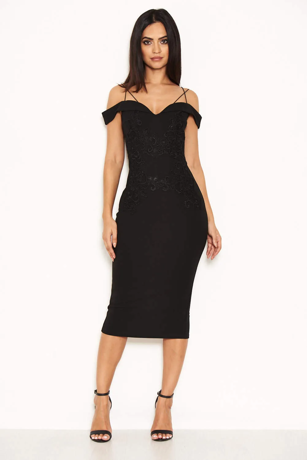 Black Off The Shoulder Lace Midi Dress With Delicate Straps