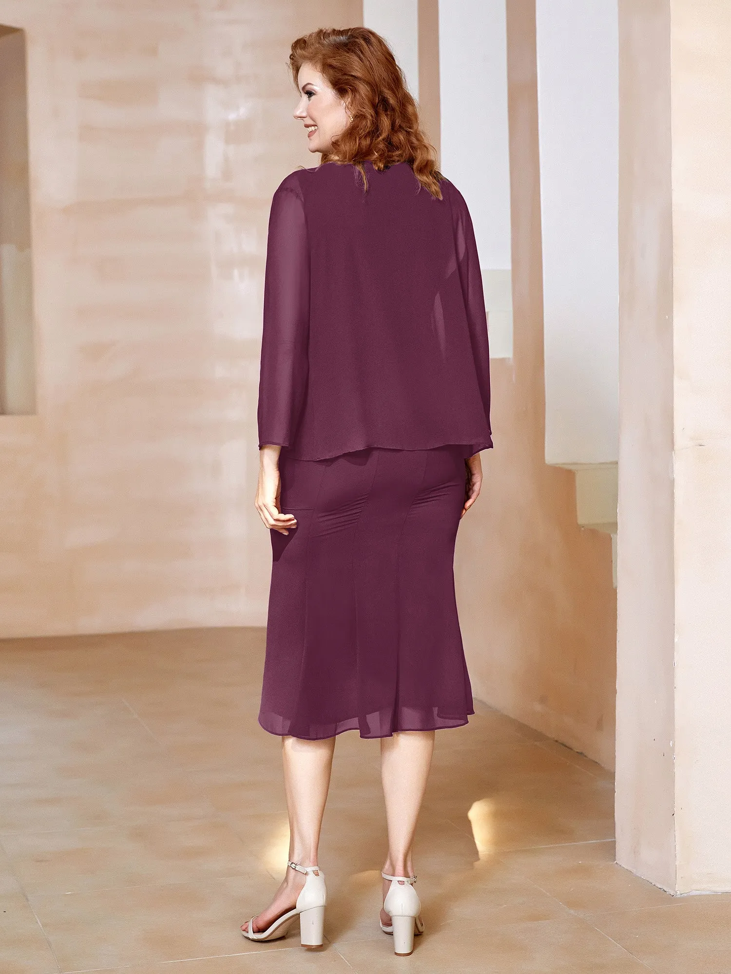 Chiffon Beaded Tea-length Dress with Jacket Mulberry