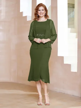 Chiffon Beaded Tea-length Dress with Jacket Olive Green