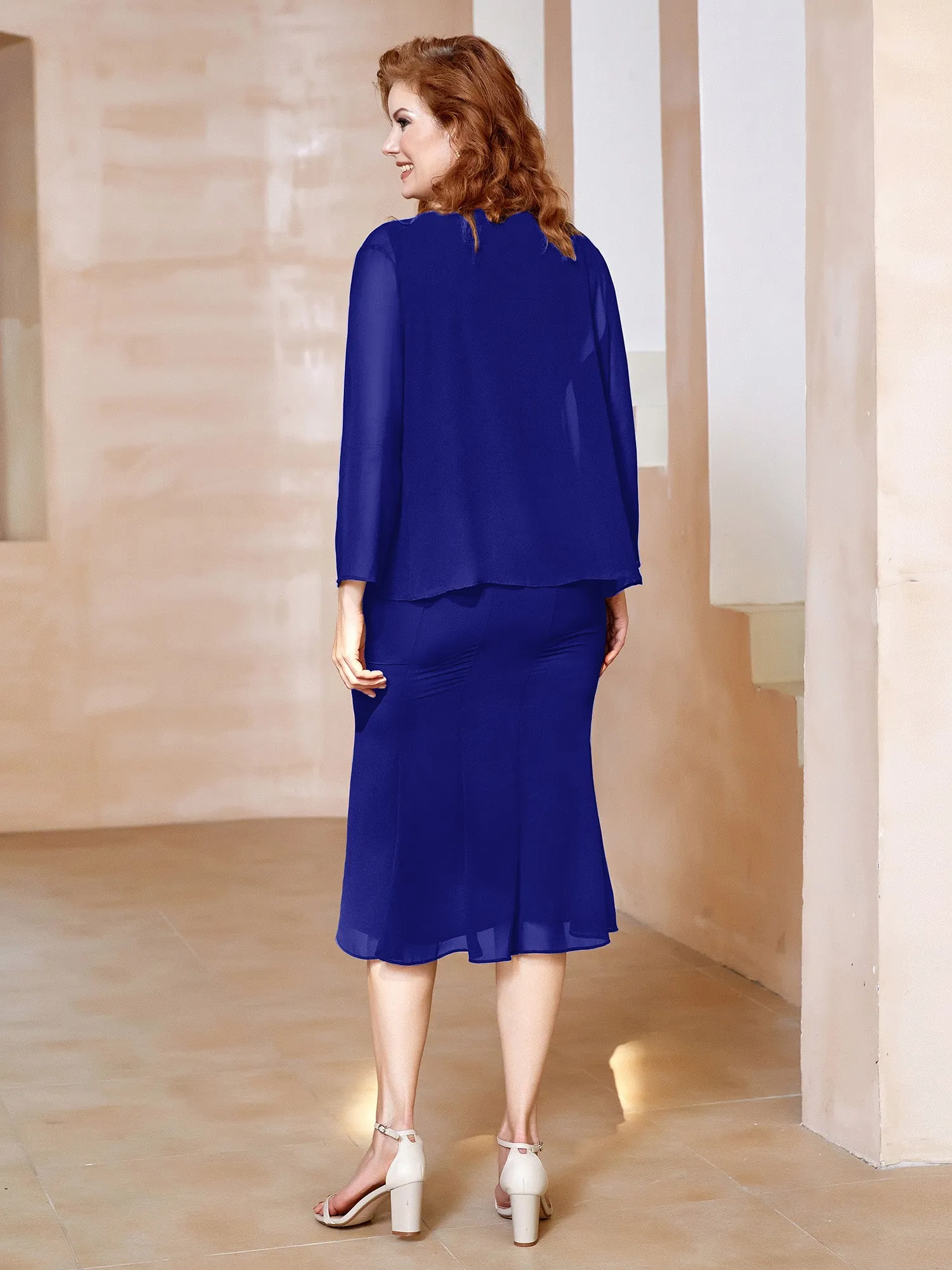 Chiffon Beaded Tea-length Dress with Jacket Royal Blue