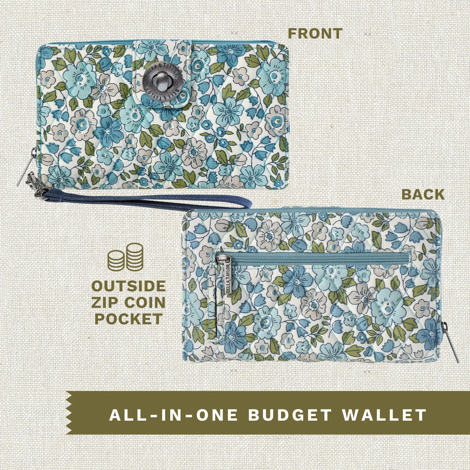 Delicate Floral Blue RFID Cash System Wallet