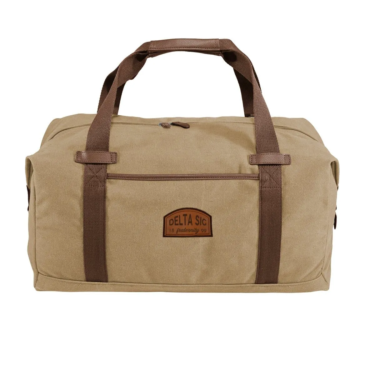 Delta Sig Khaki Canvas Duffel With Leather Patch