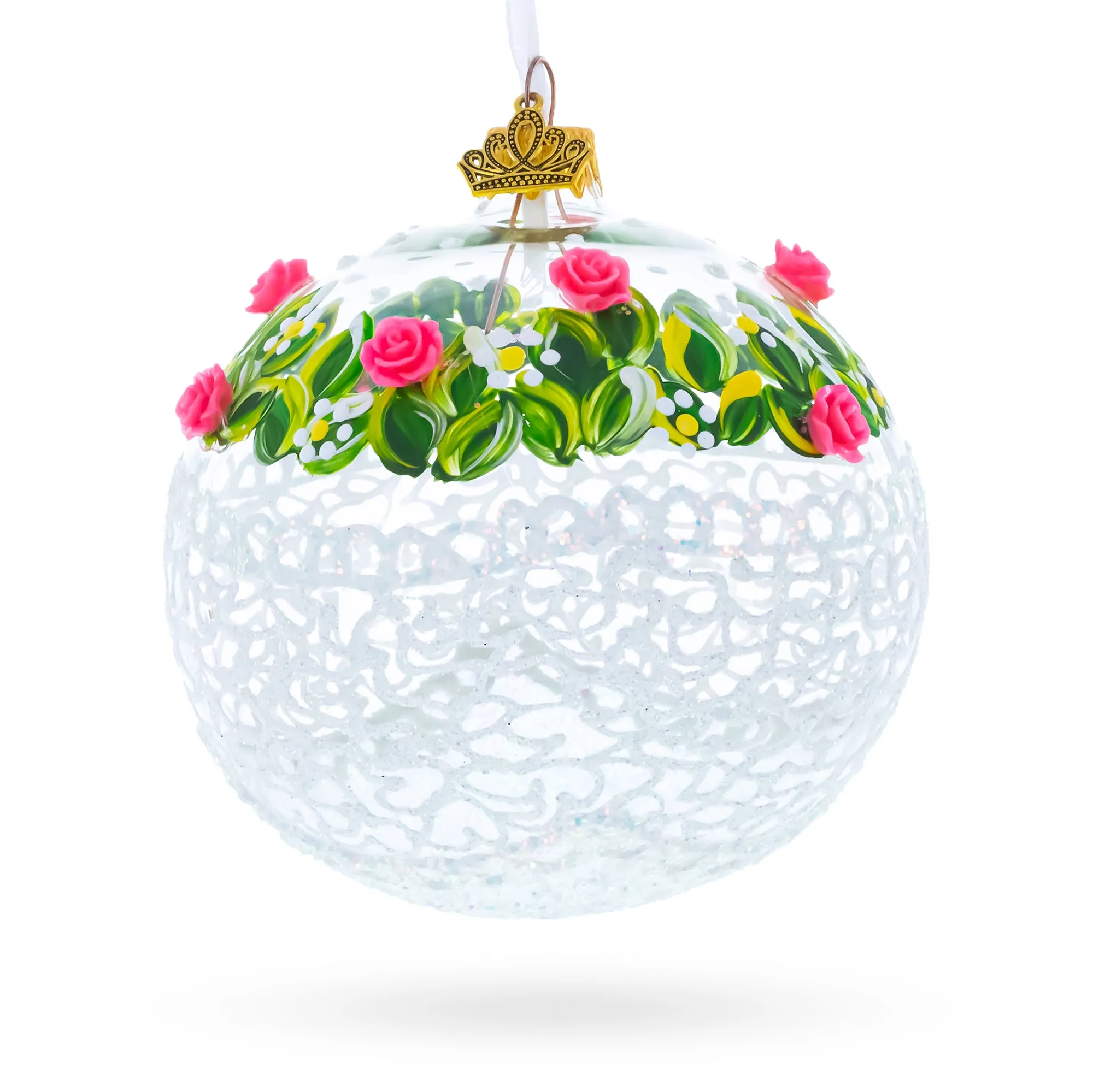 Dimensional Pink Roses Glass Ball Christmas Ornament 4 Inches