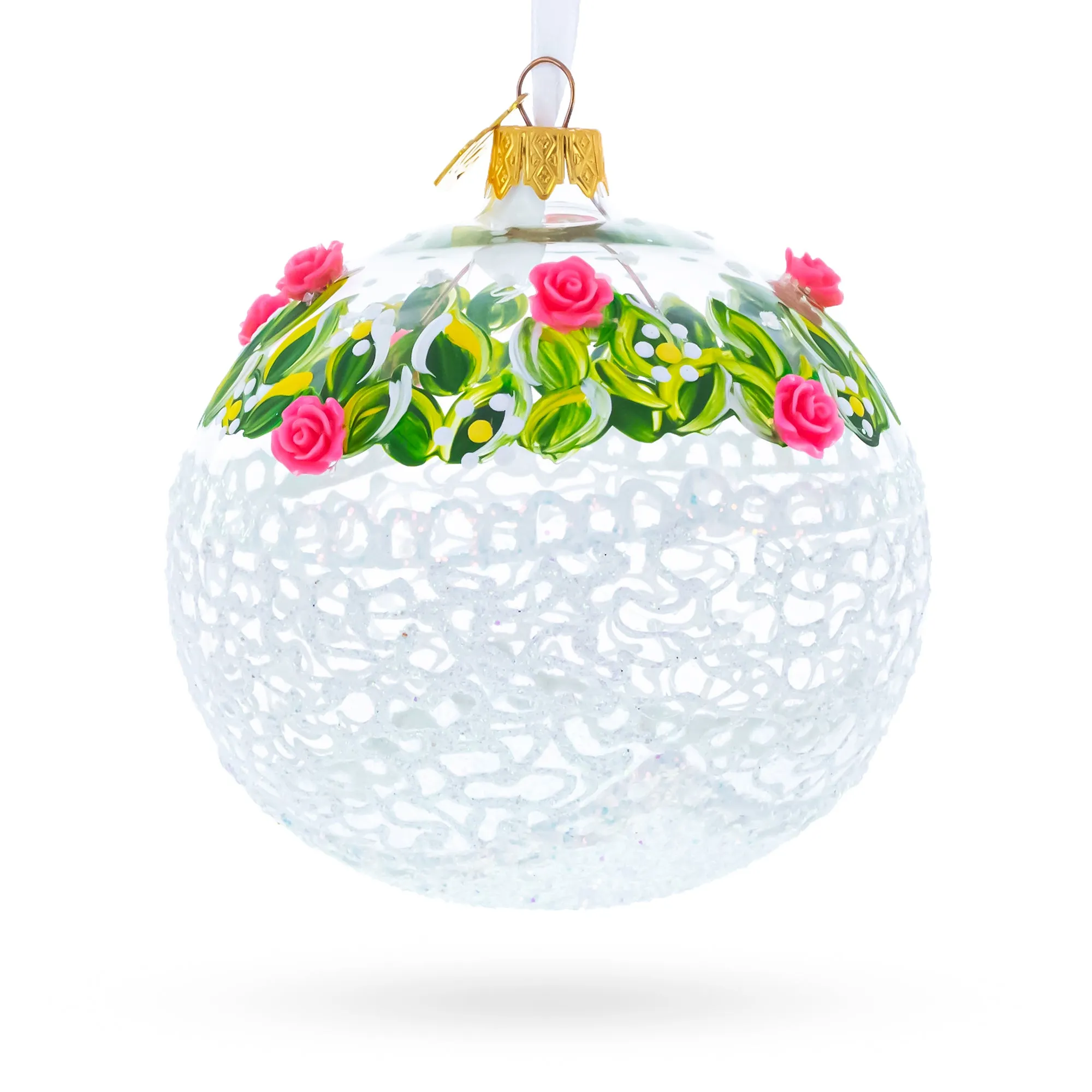 Dimensional Pink Roses Glass Ball Christmas Ornament 4 Inches