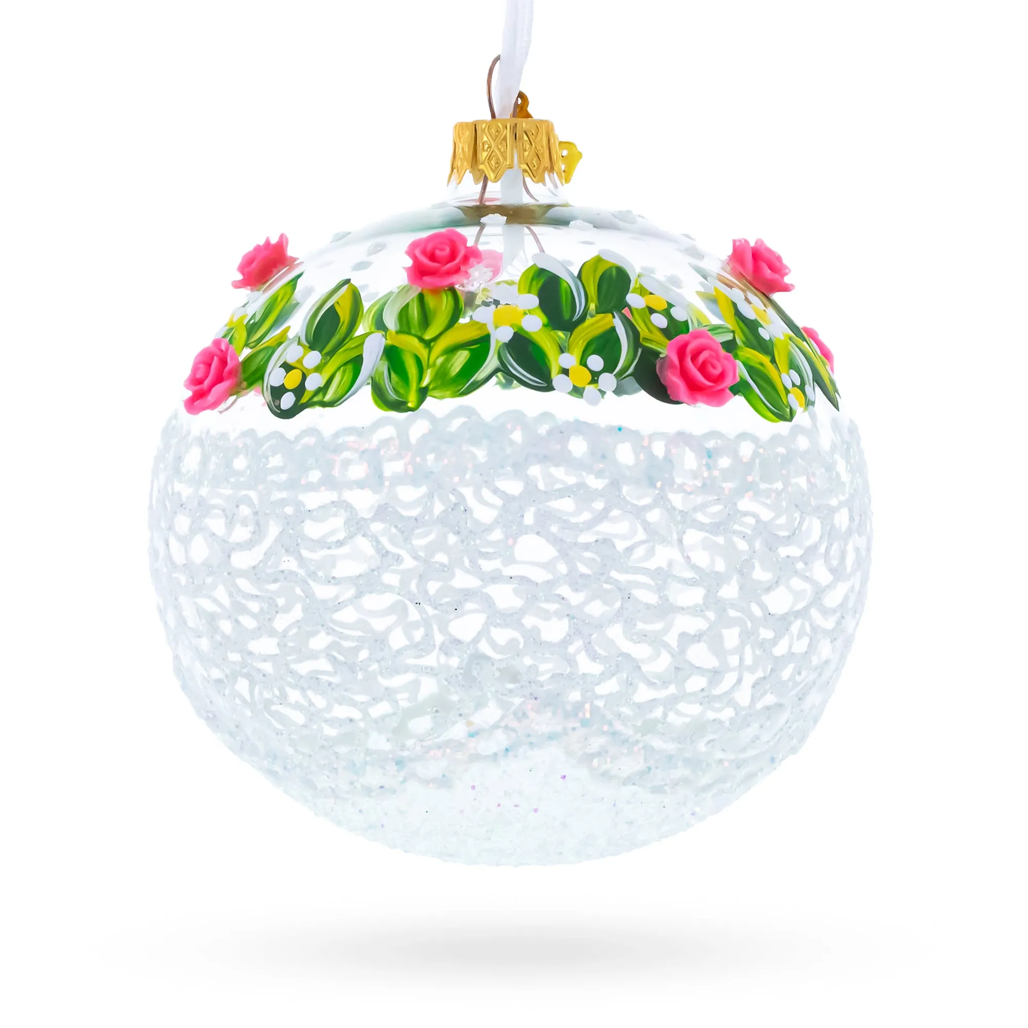 Dimensional Pink Roses Glass Ball Christmas Ornament 4 Inches