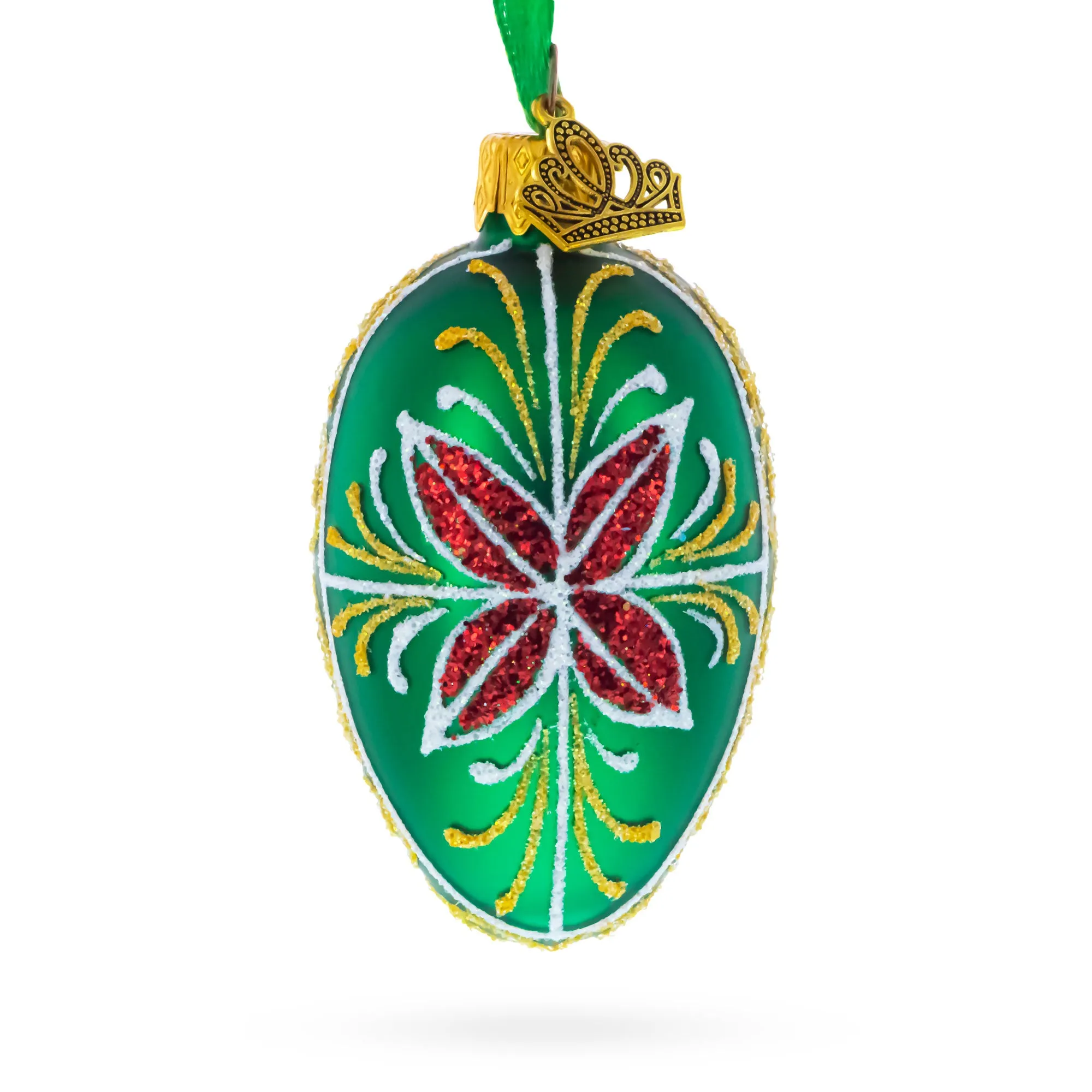 Emerald Green with Red and Gold Floral Mini Glass Egg Ornament 2.9 Inches