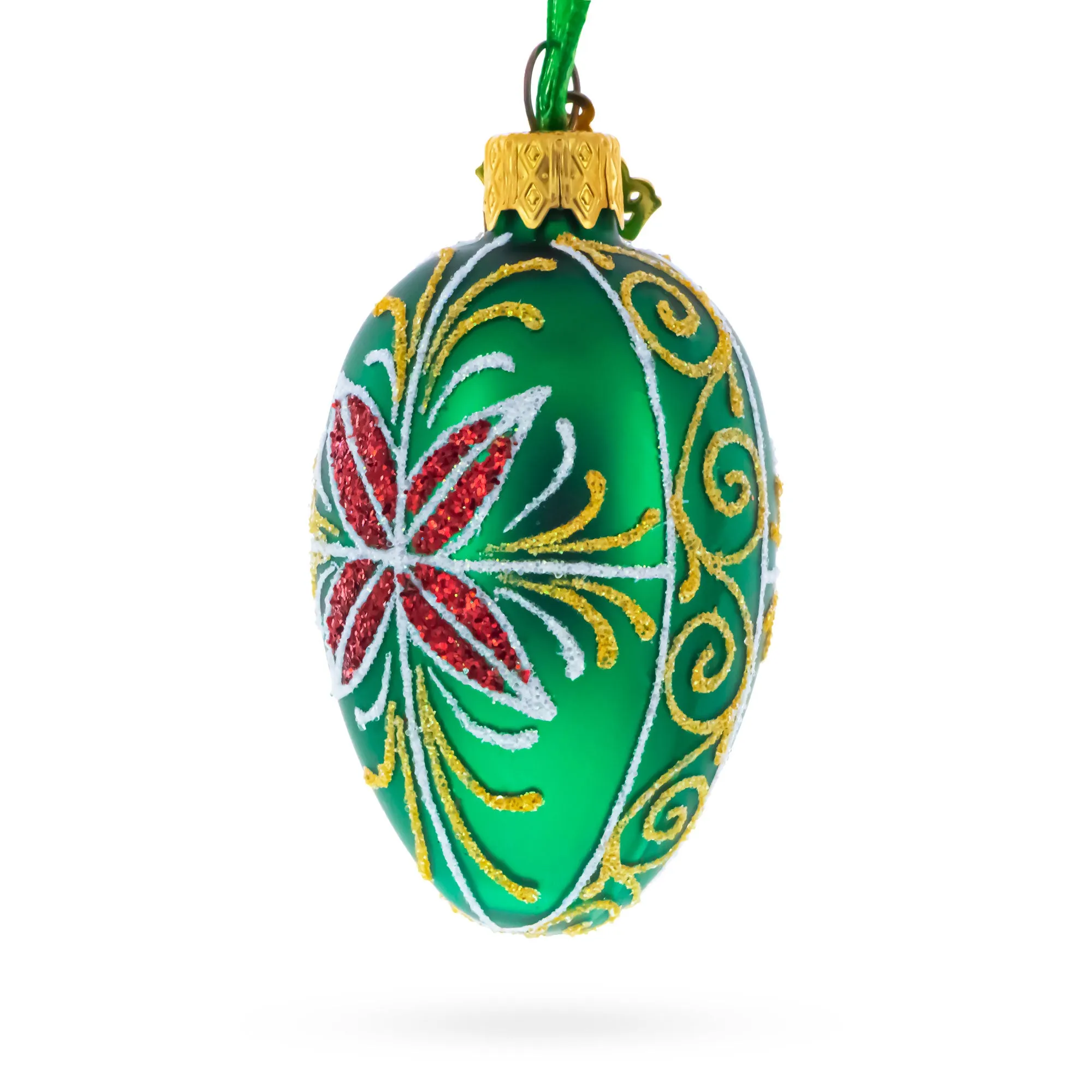 Emerald Green with Red and Gold Floral Mini Glass Egg Ornament 2.9 Inches