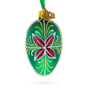 Emerald Green with Red and Gold Floral Mini Glass Egg Ornament 2.9 Inches