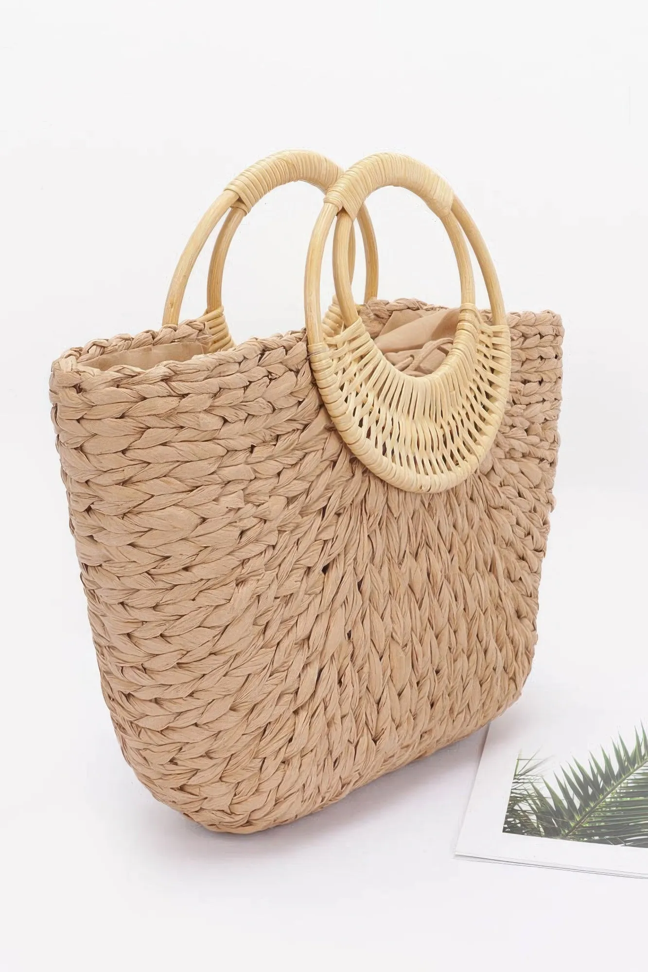 Faux Straw Bamboo Handle Tote Bag