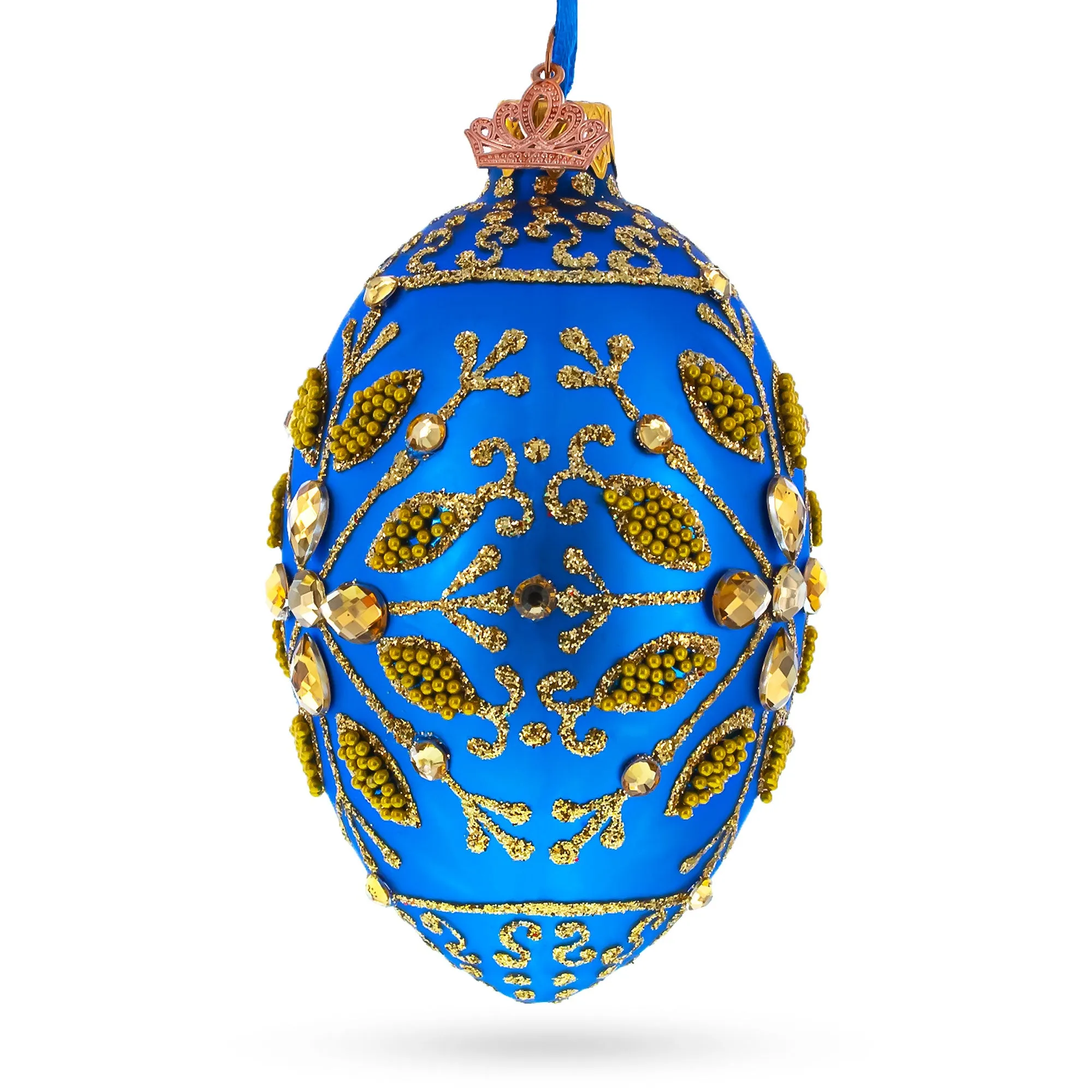 Golden Snowflake on Blue Glass Egg Ornament 4 Inches