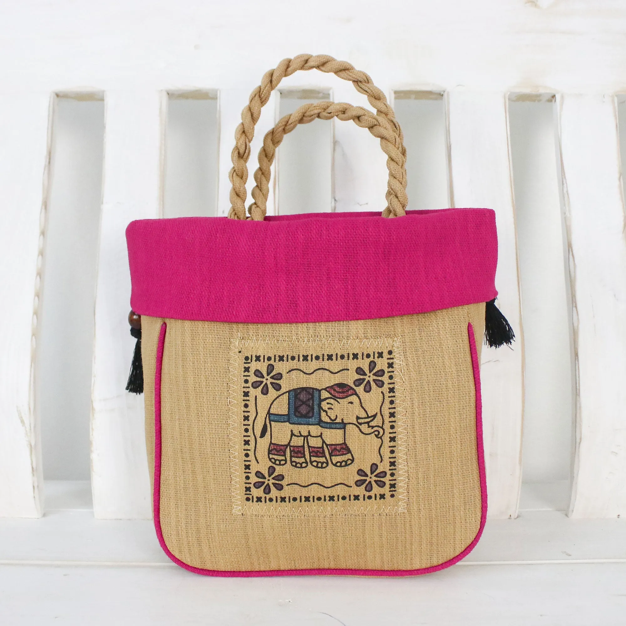 Graceful Elephant Fuchsia Cotton Handbag