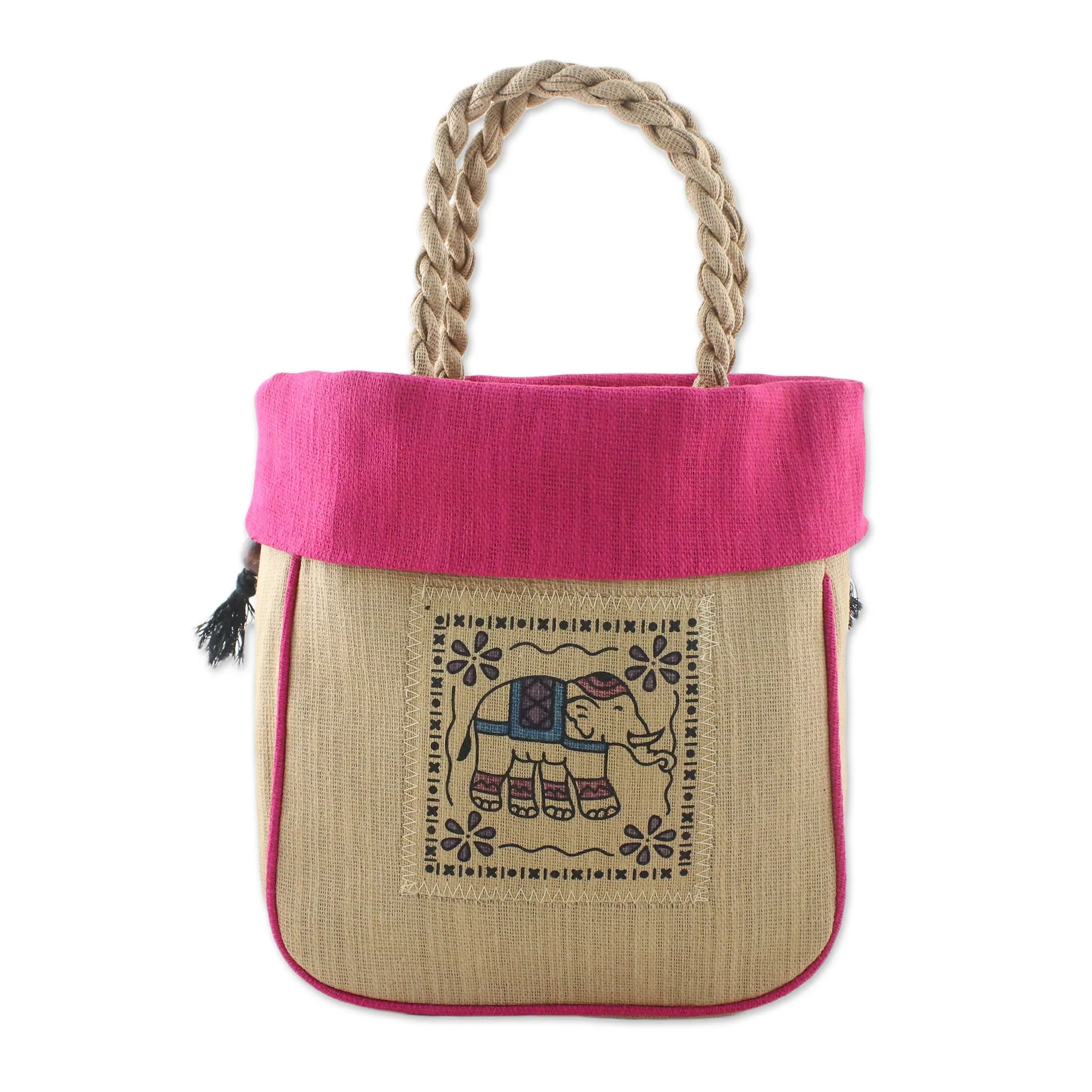 Graceful Elephant Fuchsia Cotton Handbag