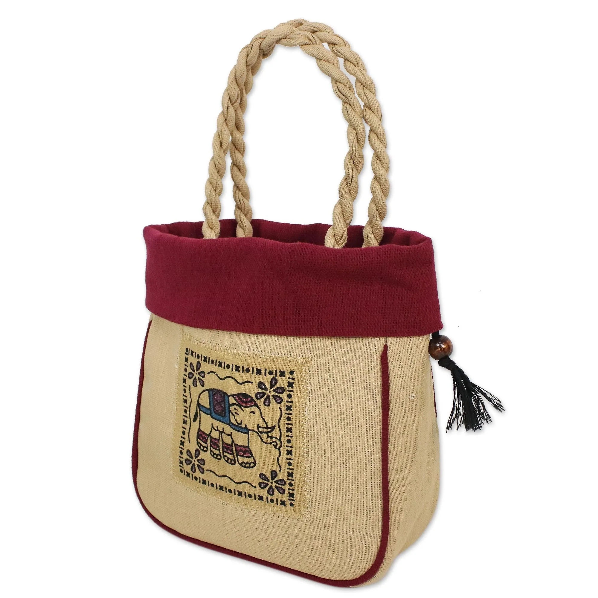 Graceful Elephant in Maroon Handmade Cotton Handle Handbag Elephant Magenta Bag Thailand