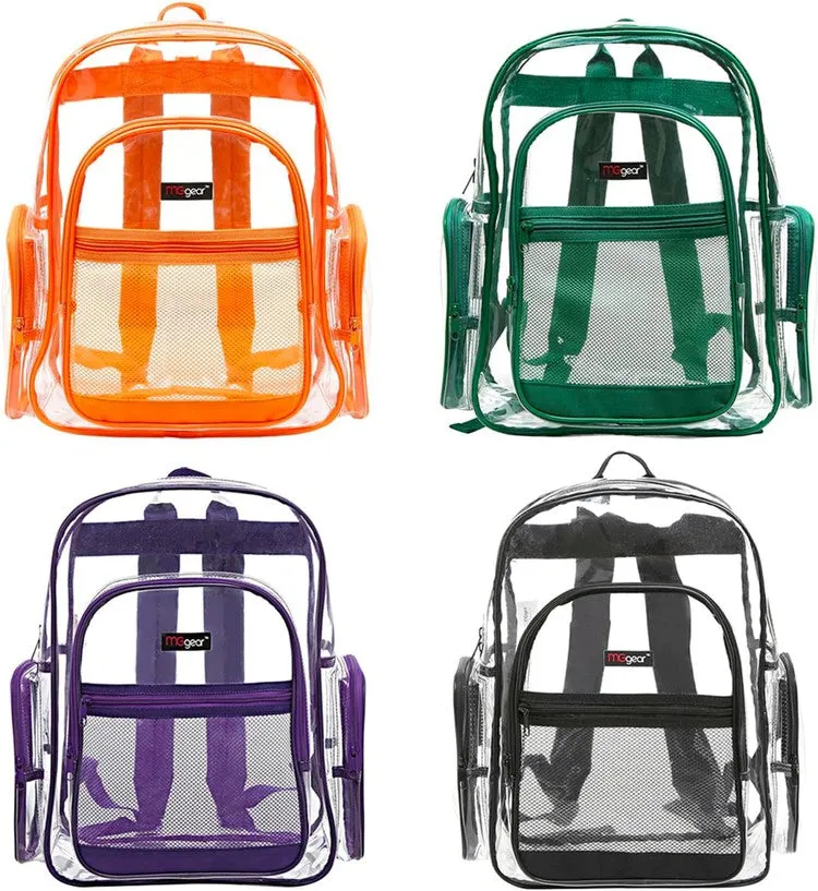 MGgear Wholesale 20-Pack Bulk Case Clear PVC 17 inch Backpacks Bundle includes Black, Orange, Purple, and Green Trim