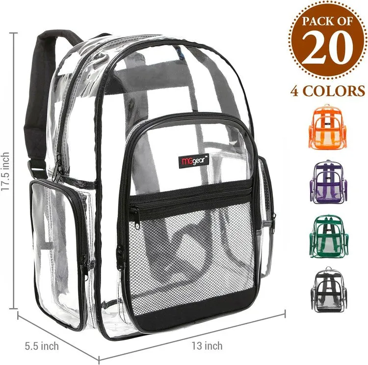 MGgear Wholesale 20-Pack Bulk Case Clear PVC 17 inch Backpacks Bundle includes Black, Orange, Purple, and Green Trim