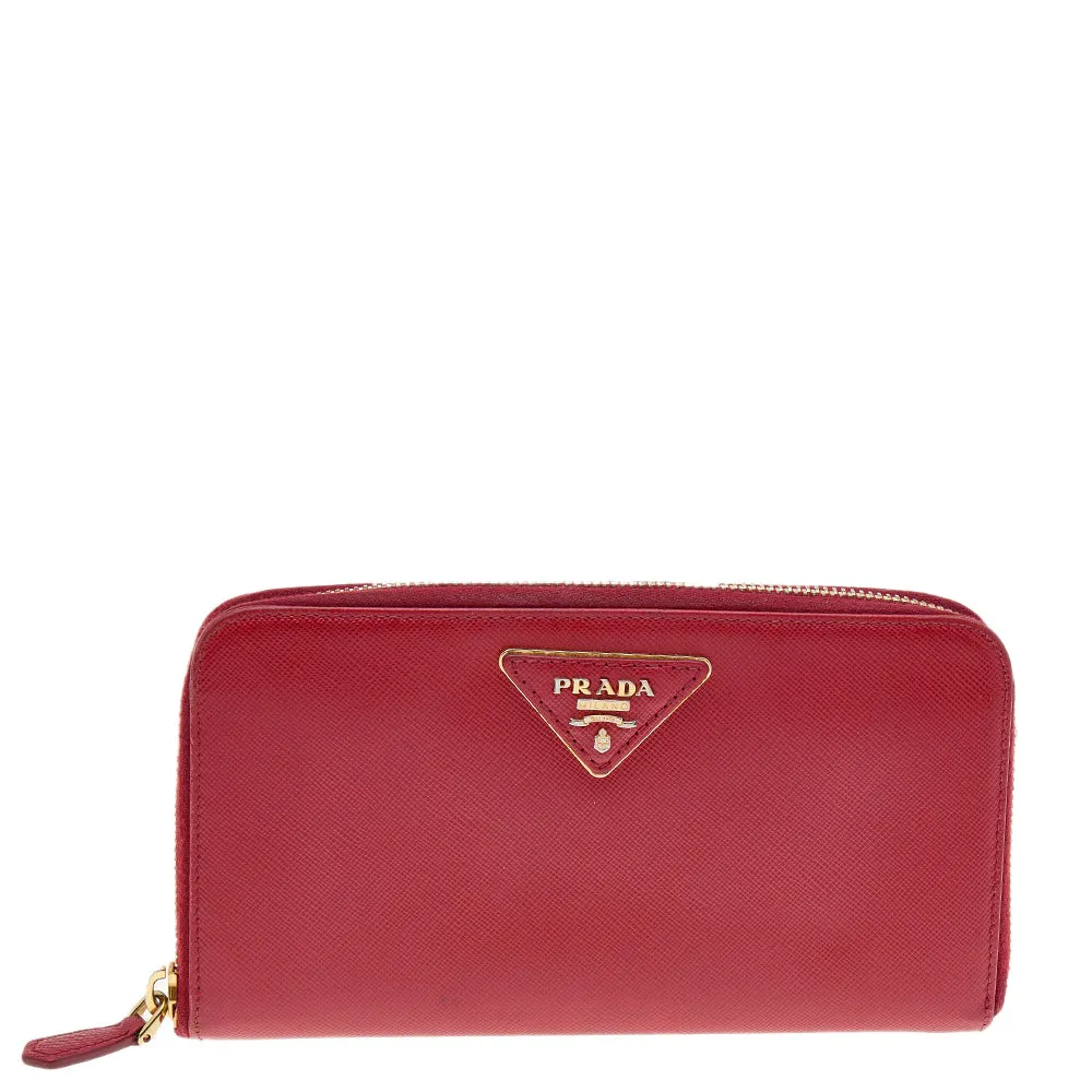 Prada Red Saffiano Leather Zip Around Wallet