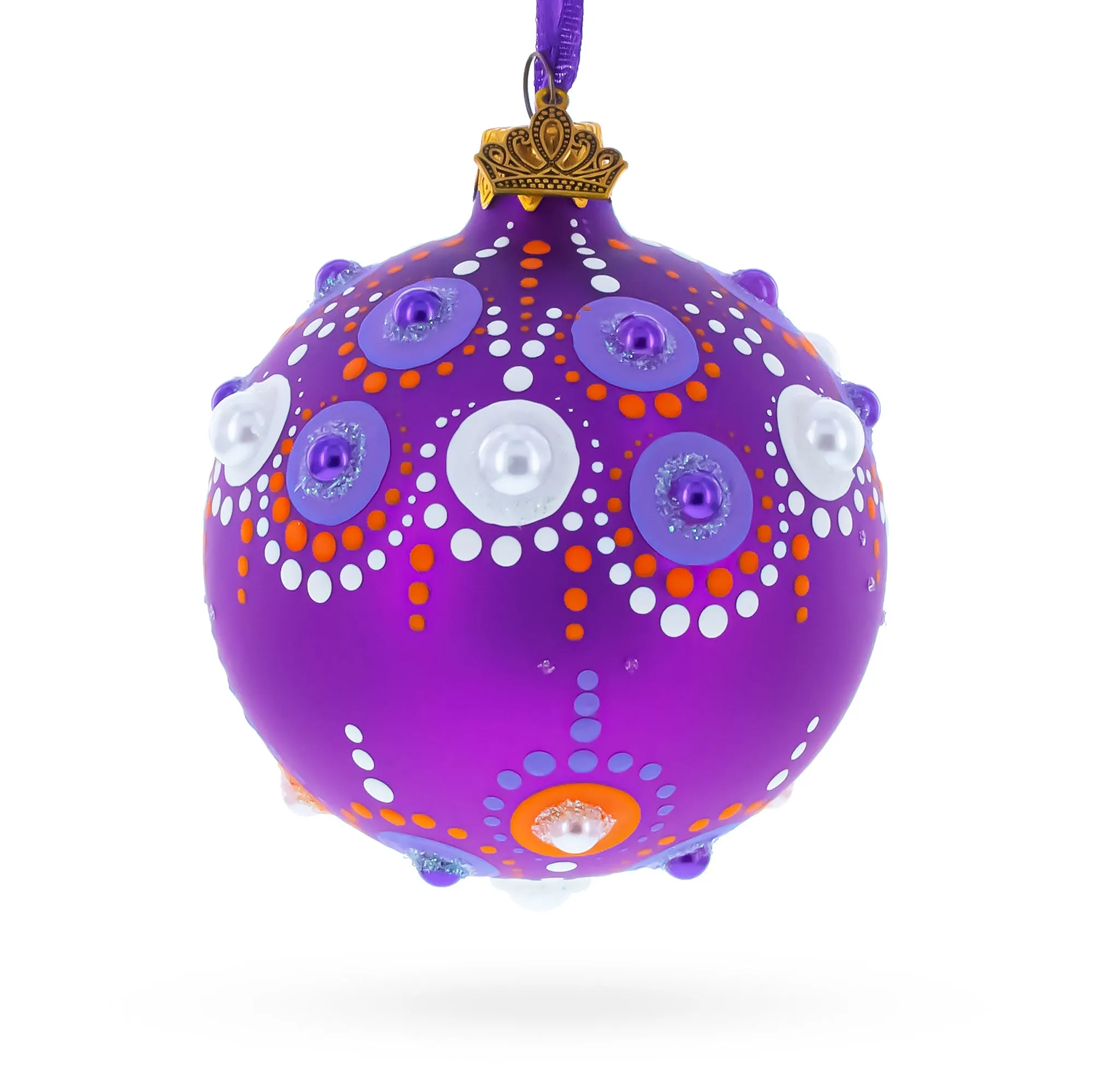 Purple Majesty with Silver Accents Geometric Glass Ball Christmas Ornament 3.25 Inches