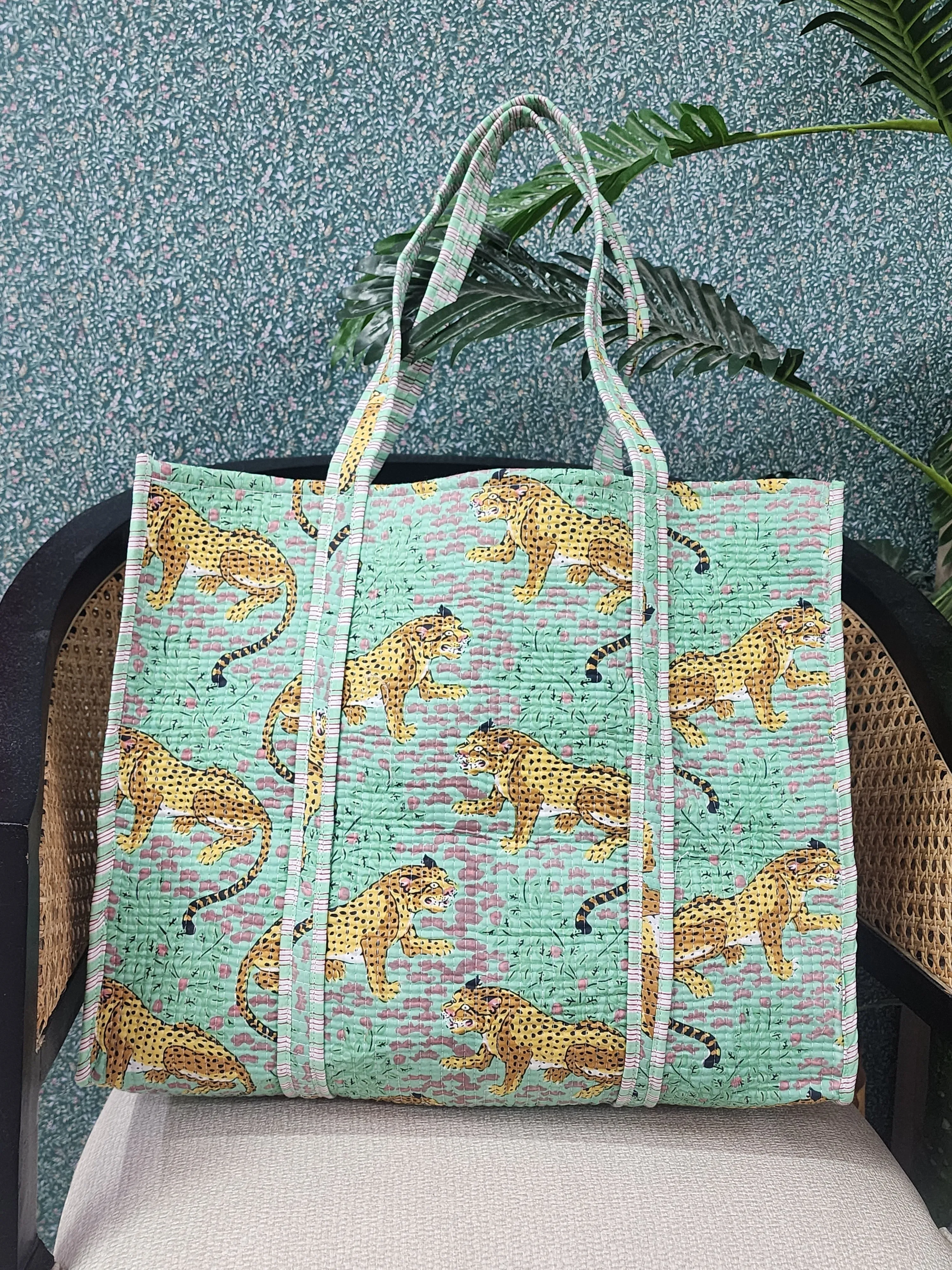 Sea Green Jute Handblock Print Quilted Tote Bag Without Zip