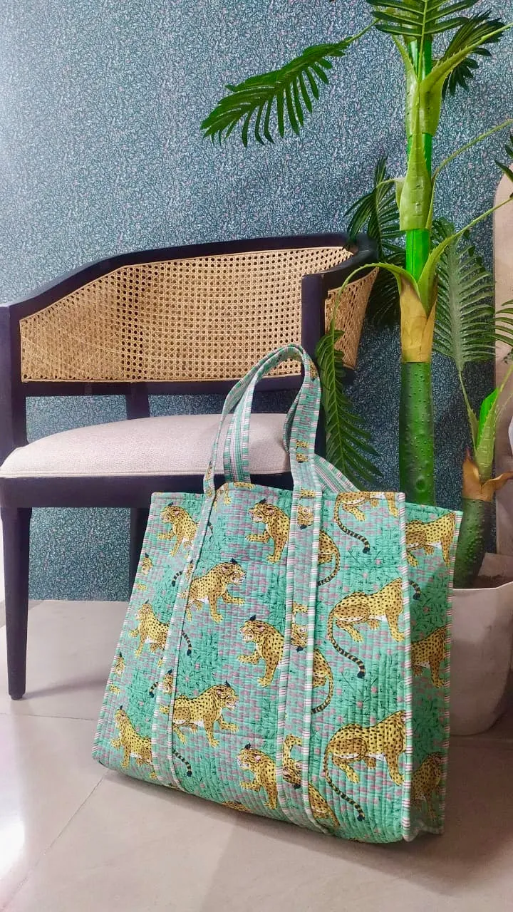 Sea Green Jute Handblock Print Quilted Tote Bag Without Zip