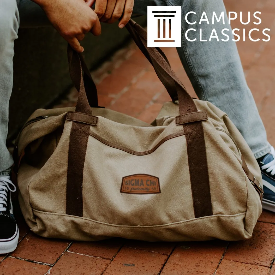 Sig Tau Khaki Canvas Duffel With Leather Patch