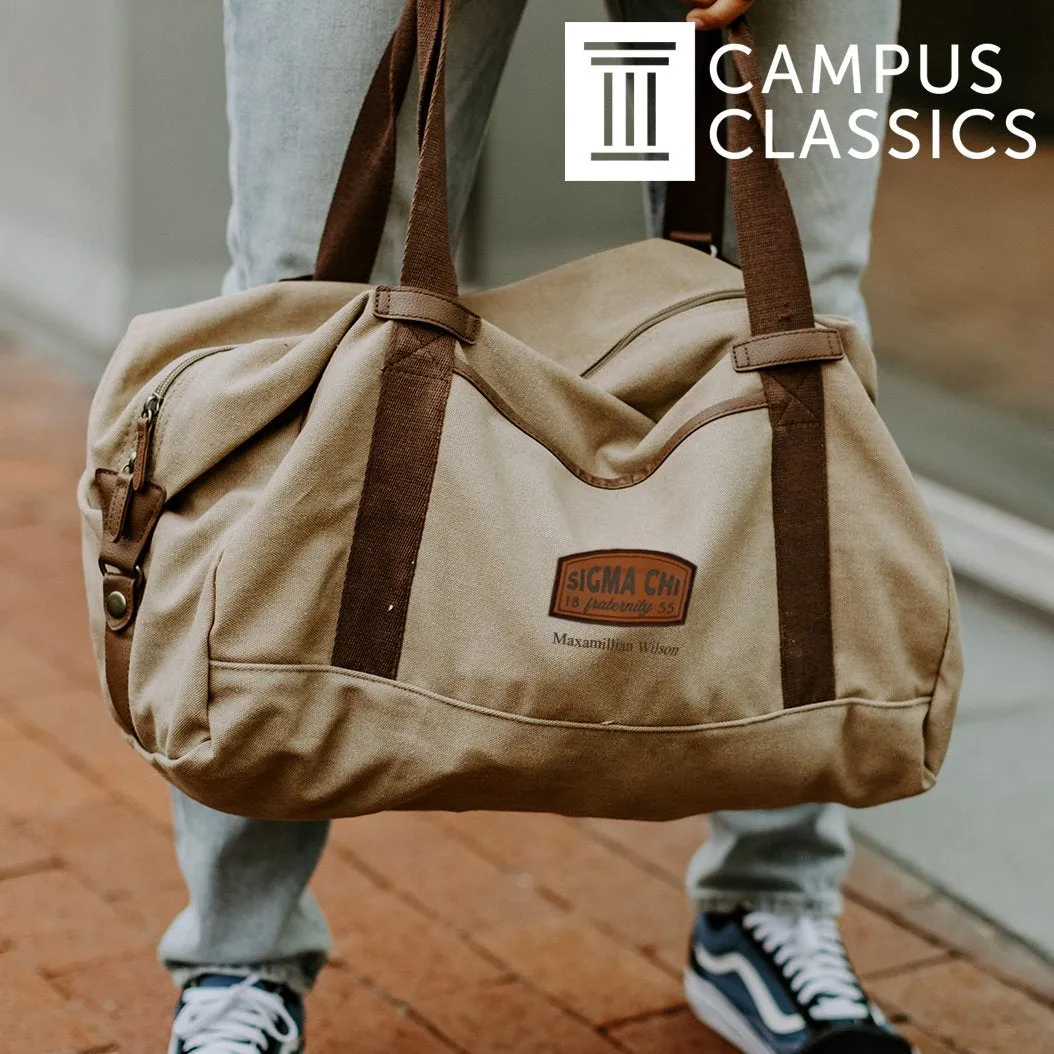 Sig Tau Khaki Canvas Duffel With Leather Patch